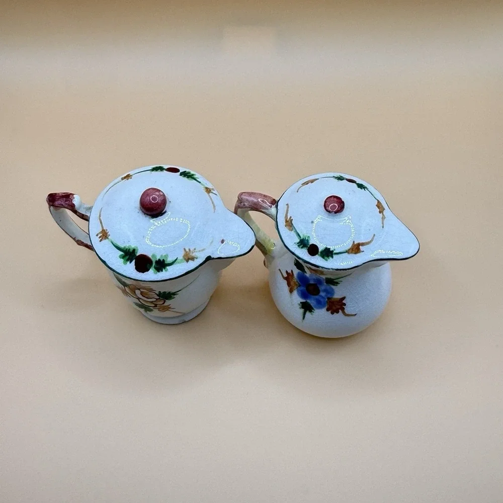 Vintage Porcelain Pitchers Shaped Salt Pepper Shakers Flowers Roses Made Japan